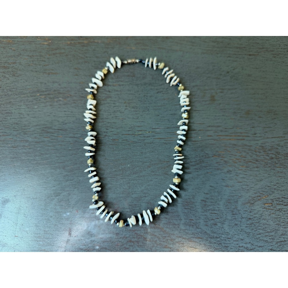 Handmade Shell and Hematite Beaded Necklace White Tan Black Barrel Clasp 17in
